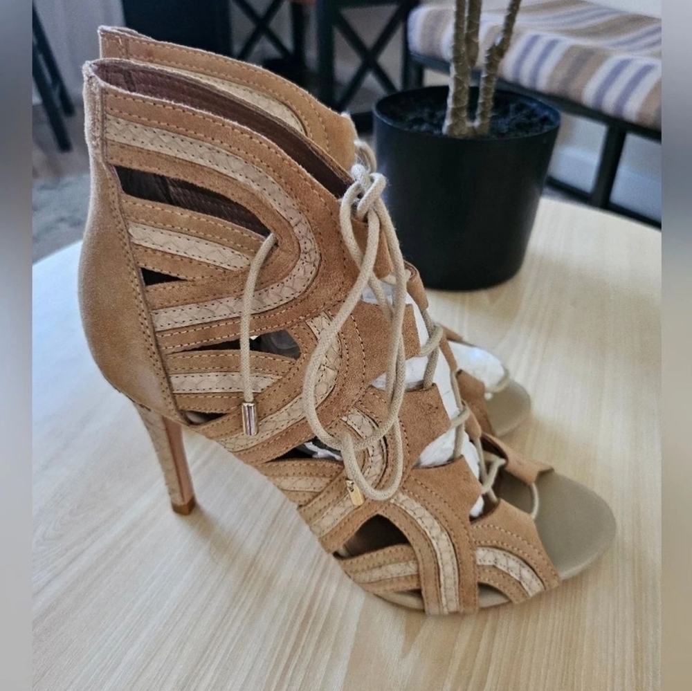 Joie Women Nude Suede Lace Up Heeled Sandals Open Toe Cutout Gladiator Heels Sz6 - Picture 4 of 11